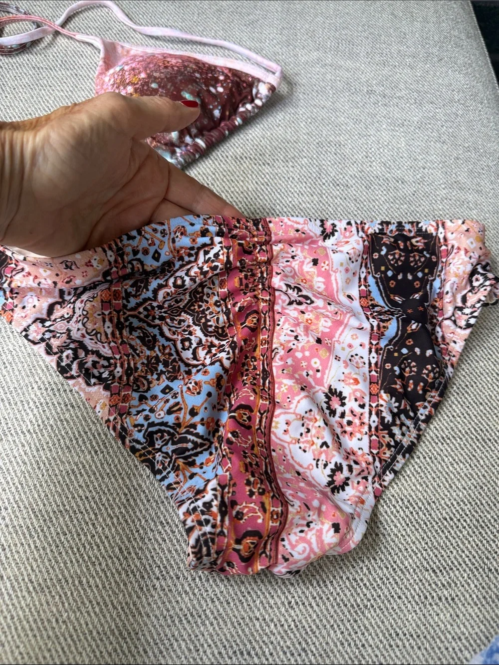 l*space Pink Shimmer Triangle Bikini Set with Patterned Bottoms